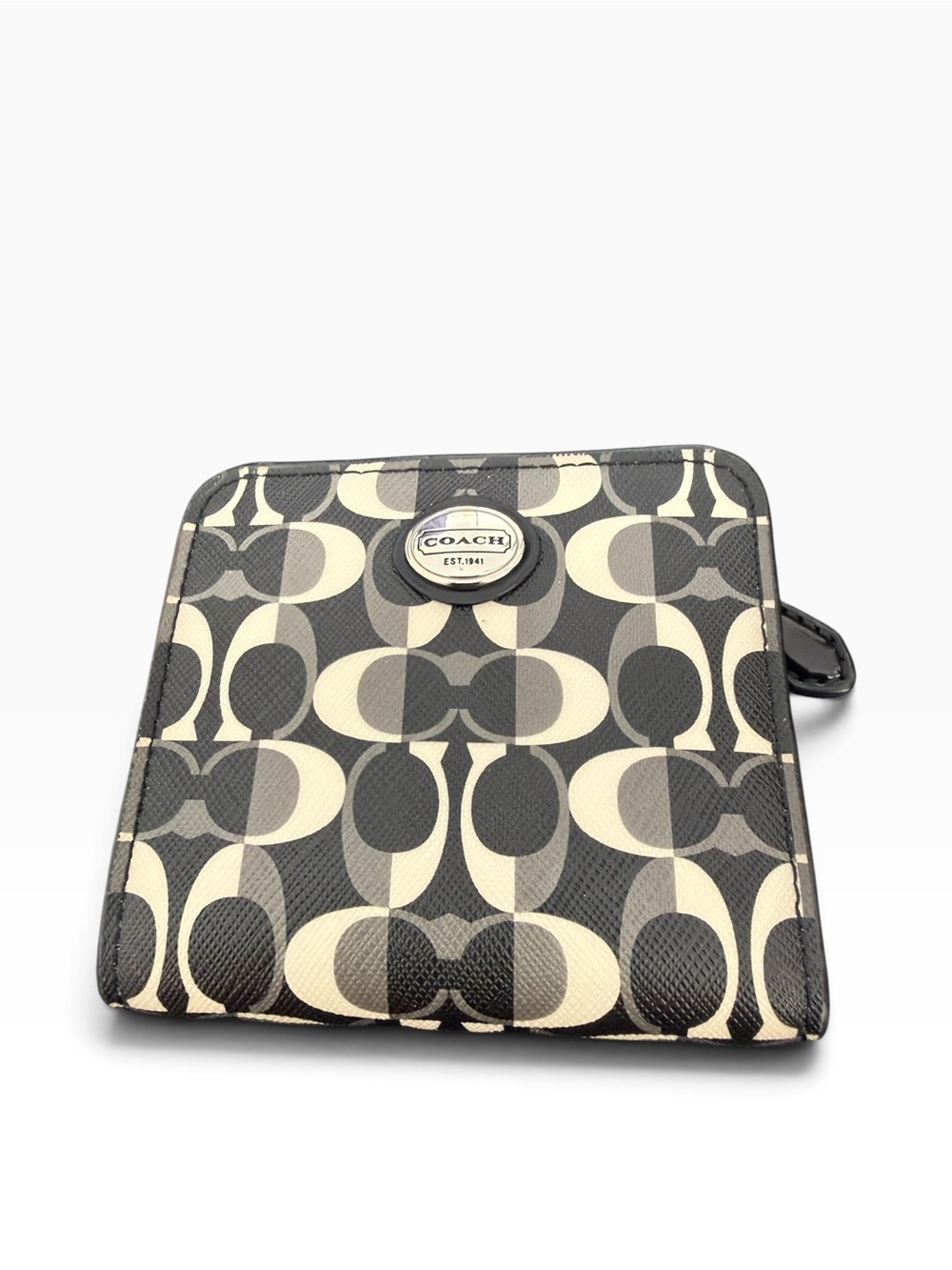 Coach Dream Signature Compact Wallet in Black and Cream Monogram